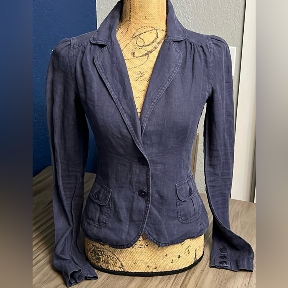 Y2K JUICY COUTURE VINTAGE BLUE LINEN BLAZER MADE IN USA SIZE 2